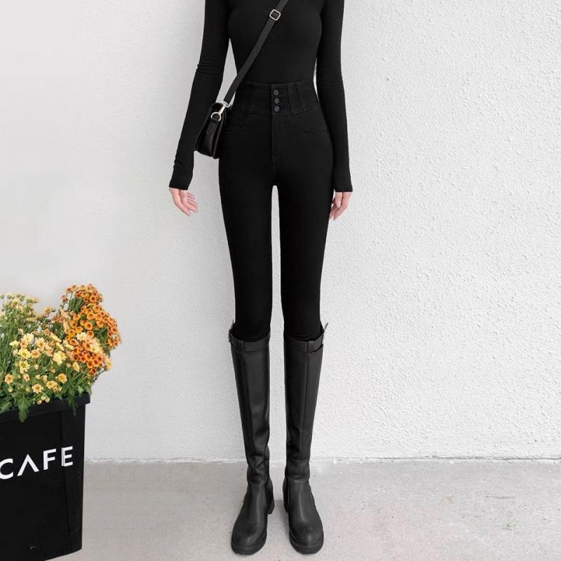 High-waisted Tight Black Bottoming Pants Outer Wear Spring and Autumn 3 Buttons Small Foot Pencil Pants Slim Anti-pilling Hundred with Long Pants