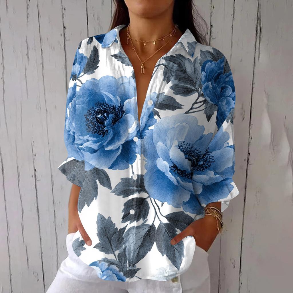 Women's Fashion 3/4 Sleeve Casual Lapel Back Tie- Floral Print T-Shirt Top