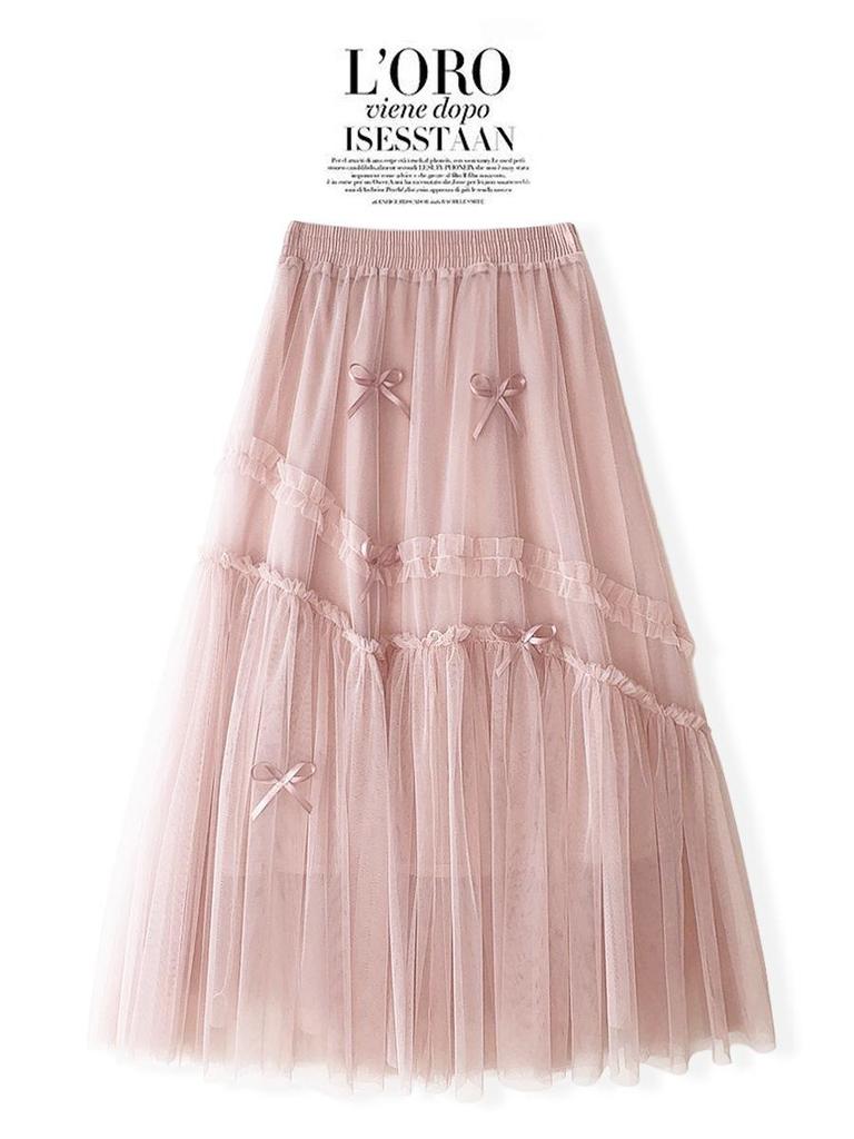 2024 Sweet Bow Net Gauze A-line Skirt for Women - Spring/Summer Collection