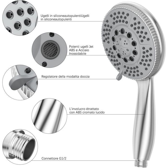 Vinabo Shower Head 1.5 M Flexible Steel Shower Tube, 5 Functions Multifunctional High Pressure Shower Jet, ABS Chrome Anti-Limesca