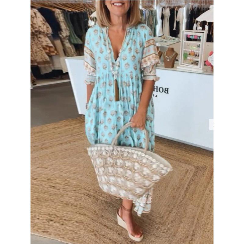 Vestido de Verão Feminino Boêmio com Decote em V, Estampa da Moda, Manga Lanterna, Cintura Alta e Saia Rodada