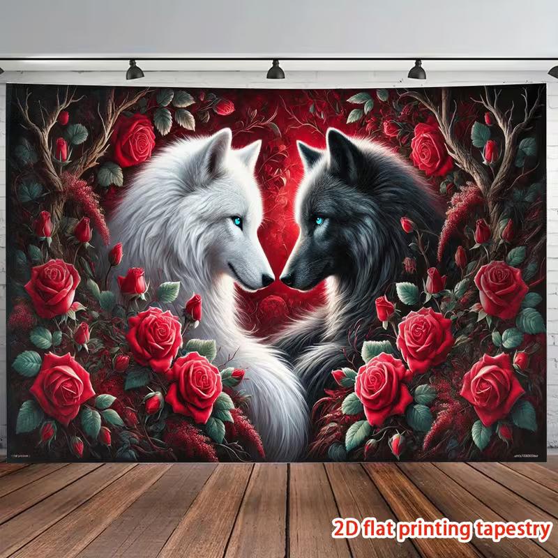 2D Gothic Wolf Couple Red Rose Tapestry Floral Wall Art Background Cloth
