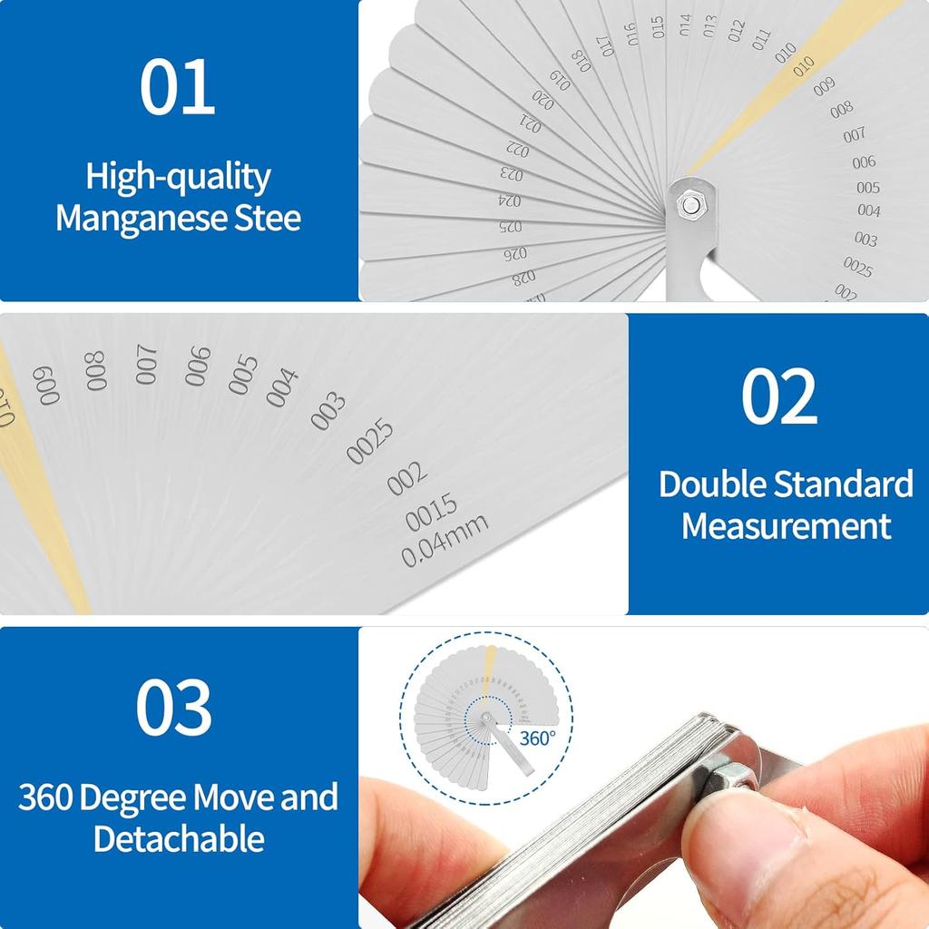 Bivethoi Feeler Gauge 32 Blades 0.05-1mm, Manganese Steel Metric Measuring Tool Set for Gap Thickness, (Length: 3.5" / 89mm)