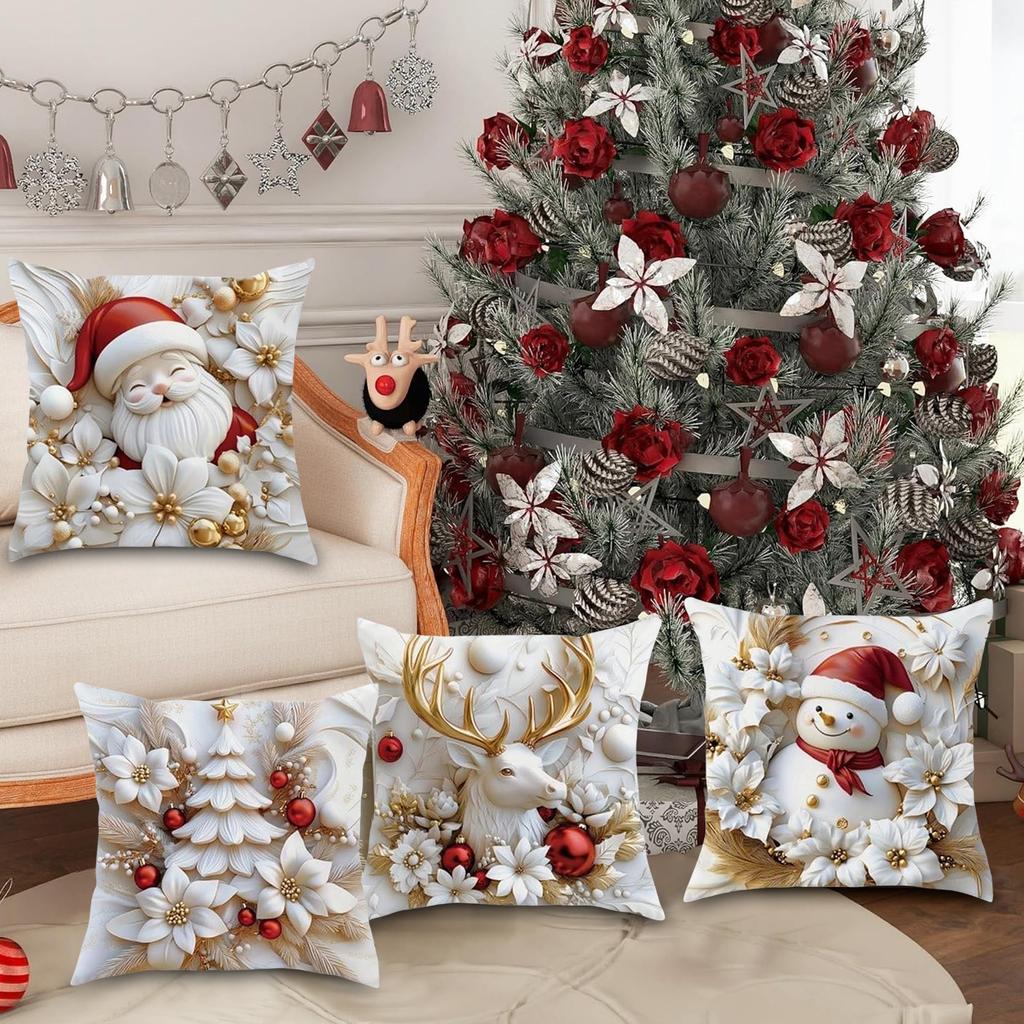 4Pcs Christmas Cushion Covers Set Washable Christmas Themed Pillow Case Detachable Cozy Xmas Pillow Cover for Sofa House Room