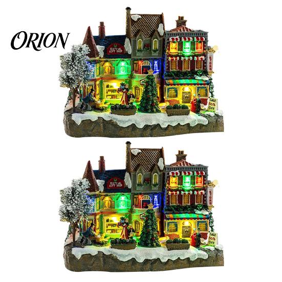 Resin Holiday Home Decor 2Pcs Christmas Train Music Box with Rotating Light, Snow Village Carousel Tree Hanging Decorations Ornament, Battery/USB