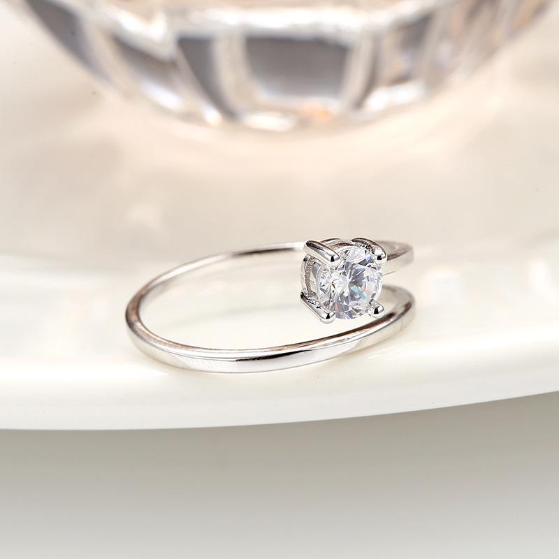S925 Sterling Silver Adjustable Open Ring with Diamond Inlays - Four-Prong Design, Perfect for Qixi Festival.