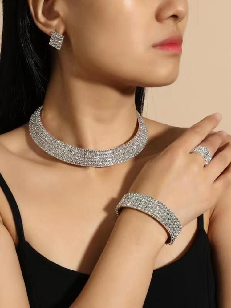 New Fashion Necklace Earrings Ring Bracelet Four-piece Set, Full Diamond Three-Row Collar Bridal Suit Women