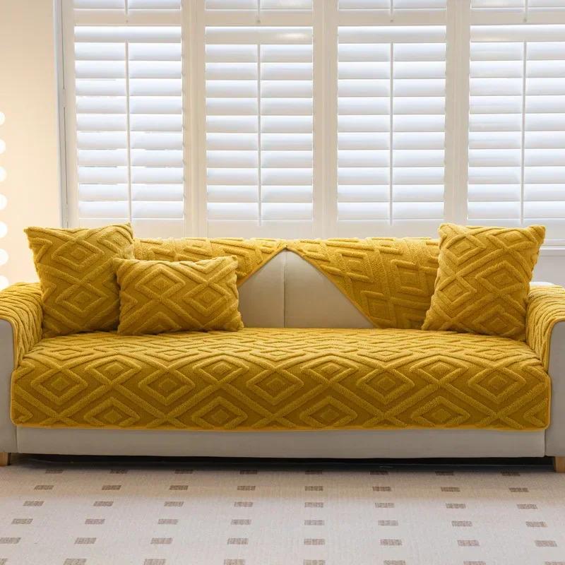 Jacquard Plüsch Sofabezug Einfarbig Rutschfest Couchkissen Handtuch Warm Winter Verdicken Sofabezüge für Wohnzimmer L-förmig