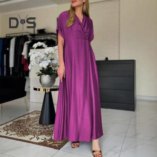 Spring Women Dress V Neck Short Sleeve Loose A-line Pure Color Ankle Length Maxi Dress Pleated Prom Party Dating Dress