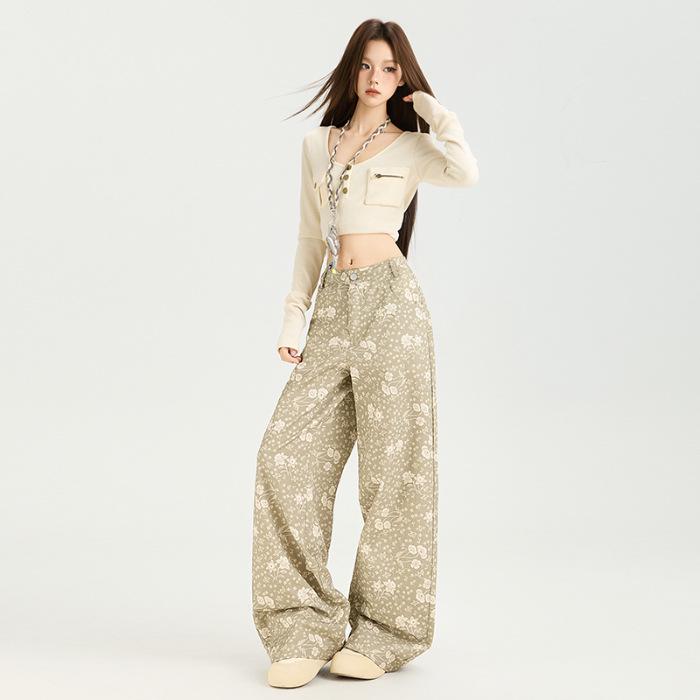 Women's 2025 Autumn Floral Wide-Leg Jeans - Loose, Draped, Lazy Style, Straight Leg