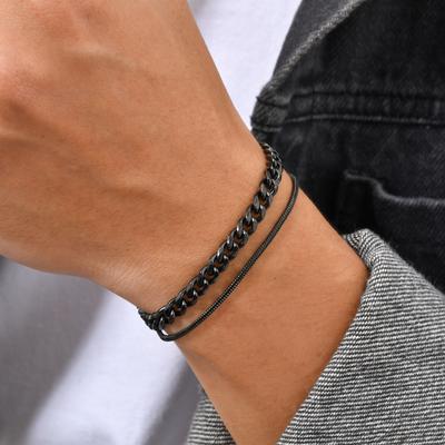 Vnox 2pcs Snake Cuban Link Chain Bracelet Set Black Silver Color Stainless Steel Adjustable 18-21cm Wristband Gift for Men Women