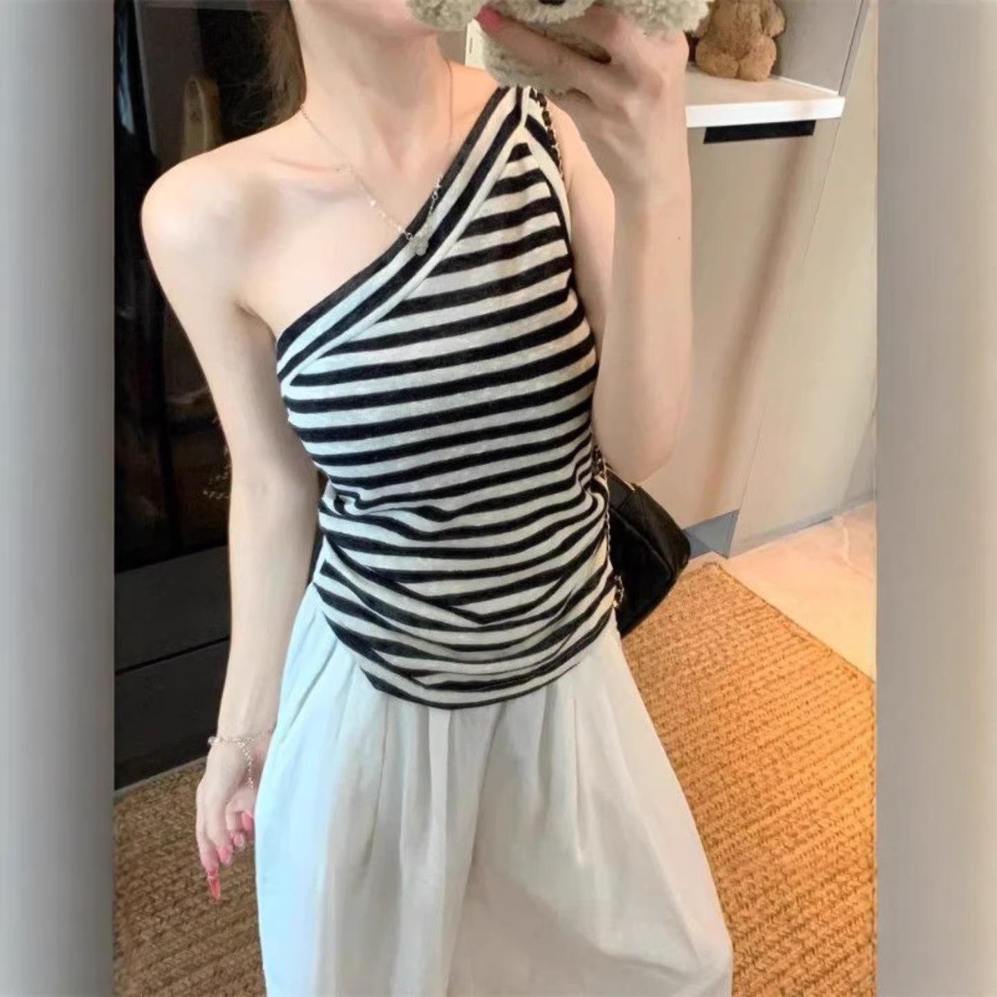 American Retro Striped One-Shoulder Camisole – Sexy Slim Fit Summer Top Extra Large