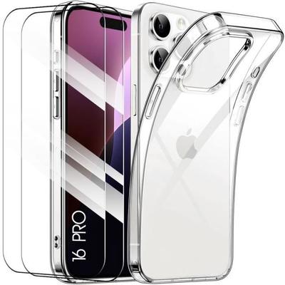 Protective Case - BOOLING - for iPhone 16 Pro - Shockproof Silicone - Transparent - 2 Tempered Glasses