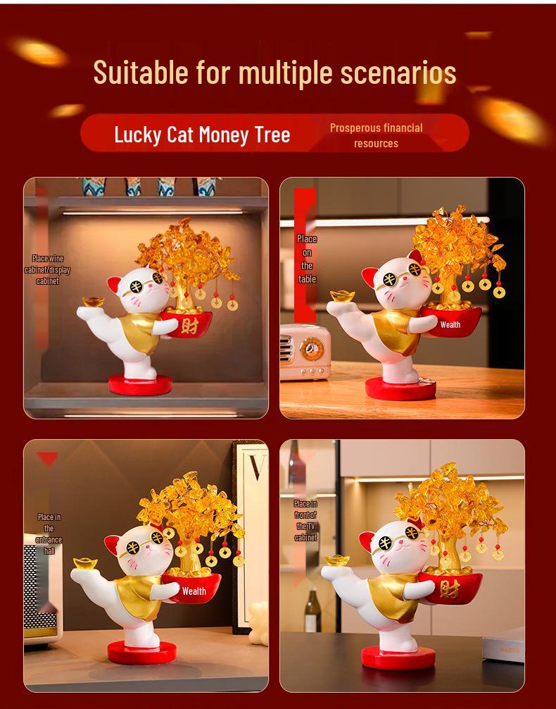 Lucky Cat Crystal Wealth Tree Ornament - High-End Housewarming Gift for New Home Entrance.