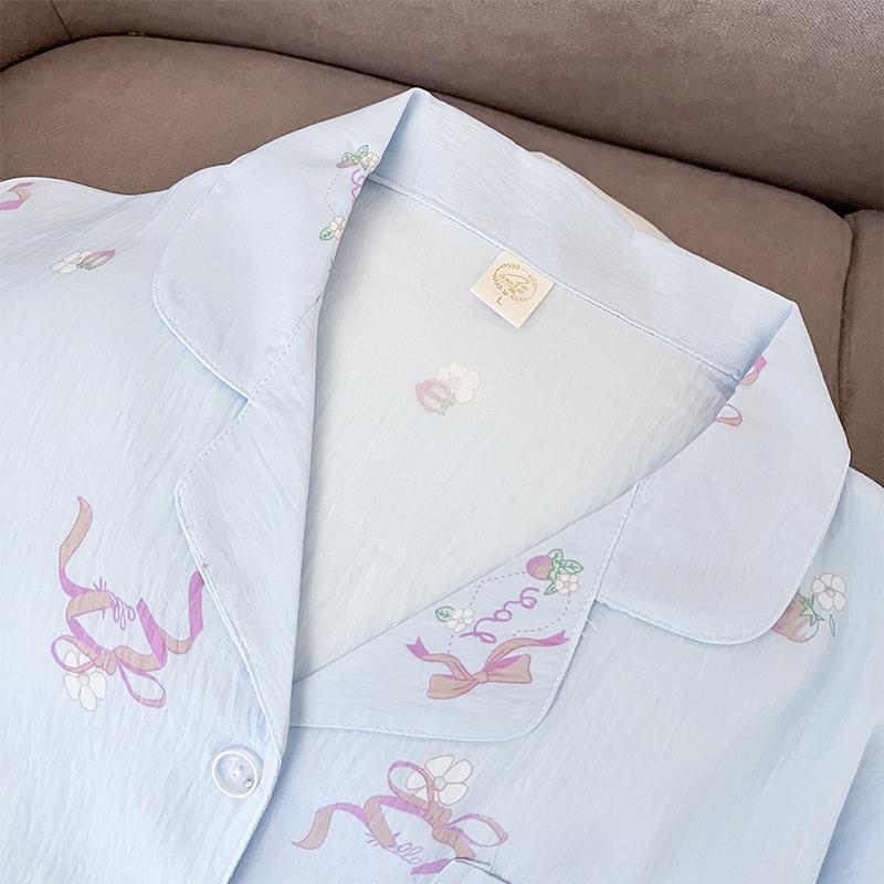 Bow Tie Flower Print Pajamas Woman Simple Casual Soft Spring Home Suit for Women Long Sleeve Lapel Neck Nightwear
