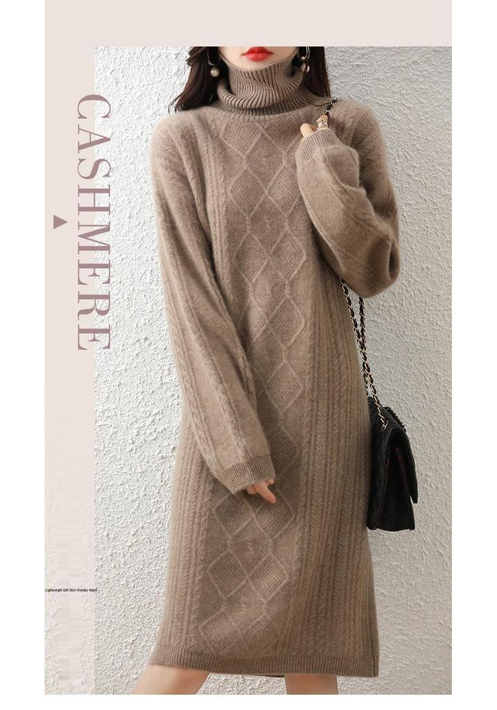 Women's Mid-Length Wool Cashmere Sweater Dress - Bat Sleeve, High Neck, Loose Fit, Autumn/Winter Style