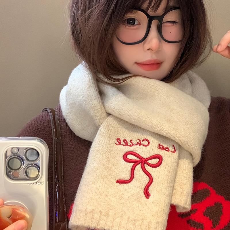 2025 Winter  College Style Imitation Cashmere Scarf Solid Color  Embroidered Bow Couple Scarf