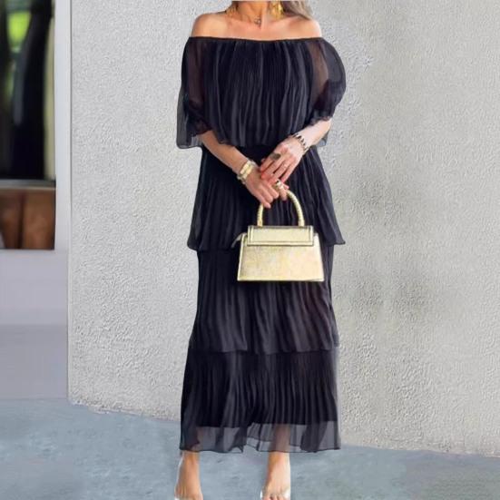Women Dress Off Color Chiffon Ruffle Scattered Cake Hem Shoulder Multi-layer Pleated Solid Half Sleeves
