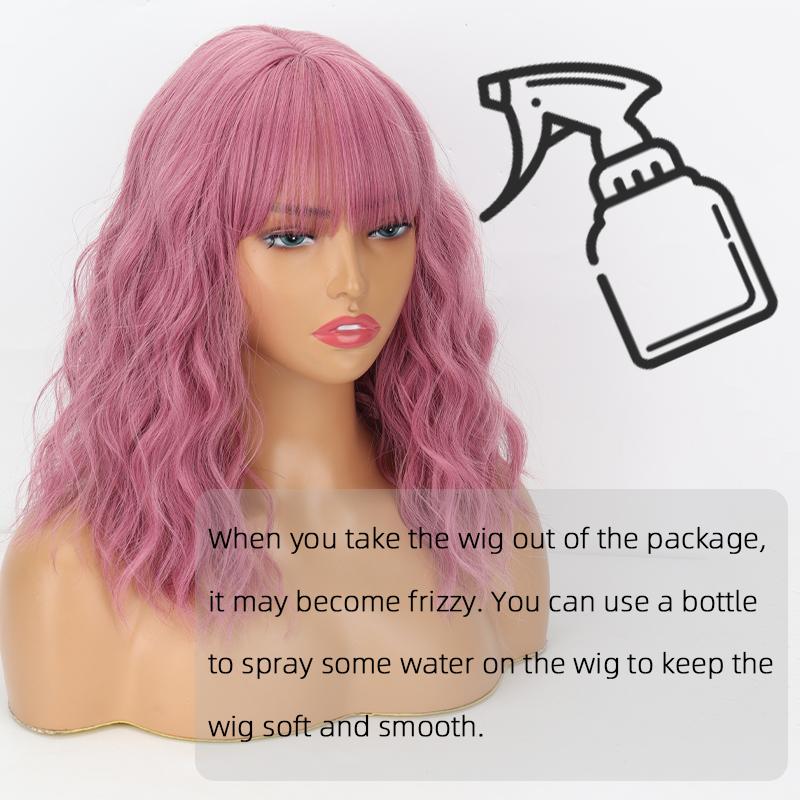 MISSQUEEN Helllila Farbe Kunstfaser schulterlange natürliche gewellte Perücke mit Pony Cosplay Alltagskleidung Mode kurze gewellte Perücke