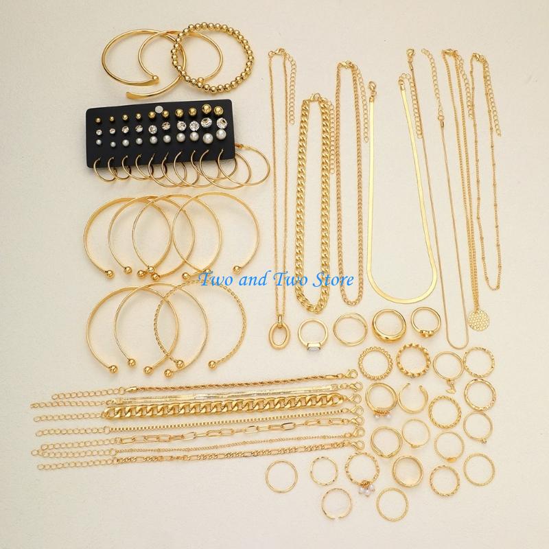 HX6F Pack Of 58 Geometric Floral Jewelry Set Iron Necklace Bracelet Earrings Rings CN