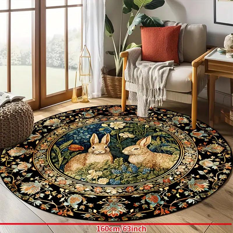 Aesthetic Bunny Love Round Carpet Soft Non-Slip Decorative Mat 2D Print Nature Style Flower Rug for Nursery Patio Holiday Gift