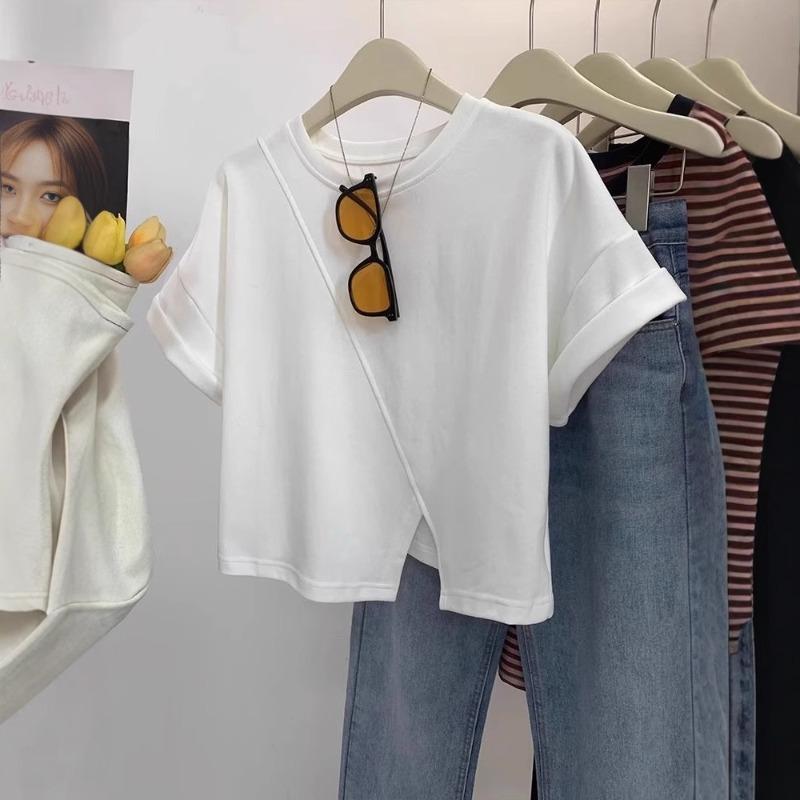 Damen Tasche Kragen Design Sinn Nische Schlitz Klein Kurz Kurzarm T-Shirt Top