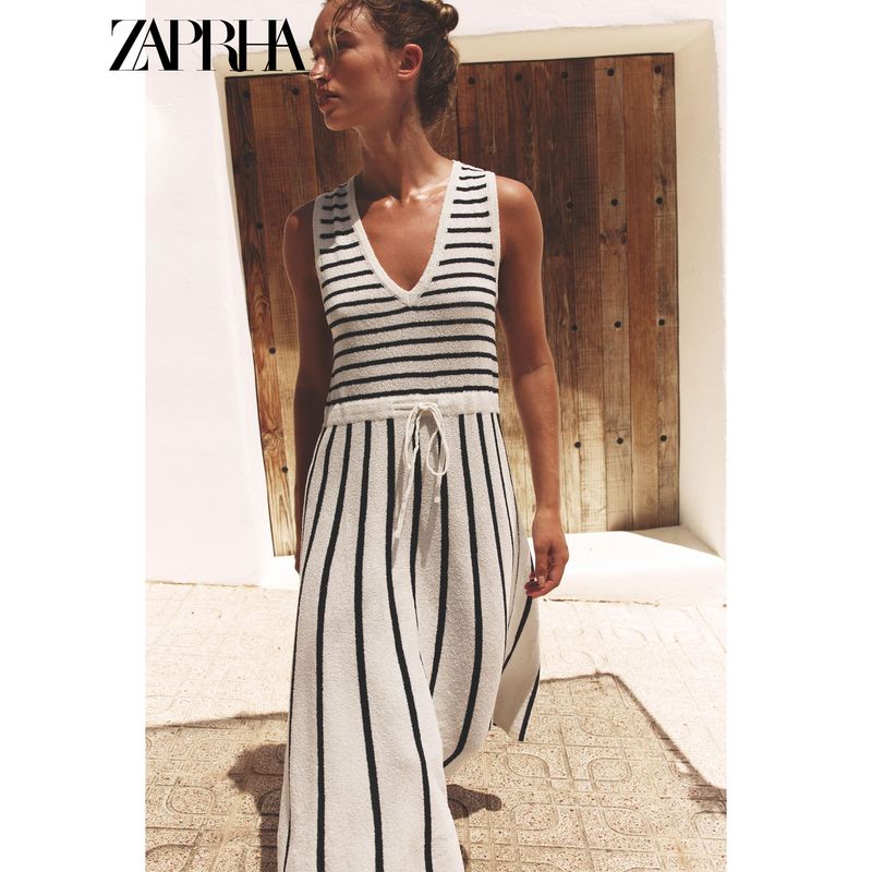 Zaprha 2025 Summer New Fashion Stripe Patchwork Cut Knitted V-neck Sleeveless Dress 8779633