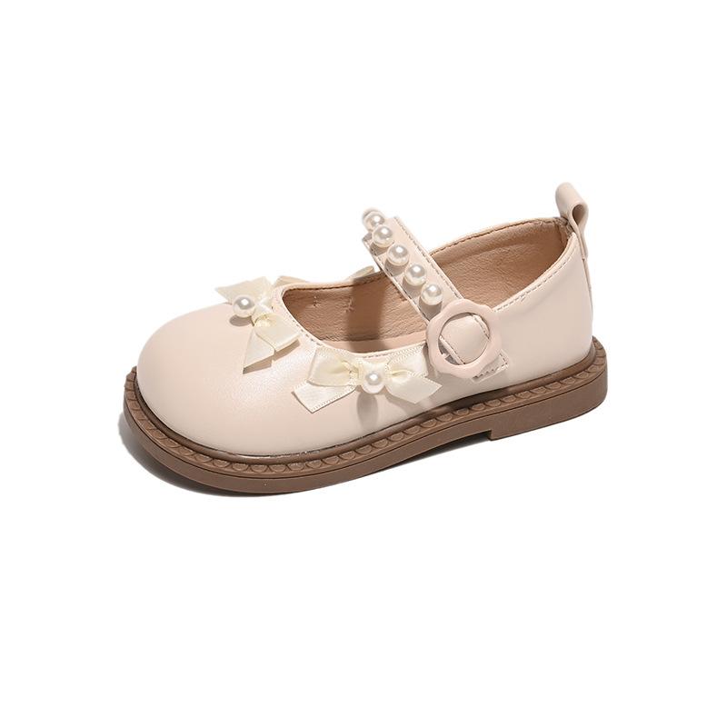 Girls Pearl Bow Decor Buckle Strap Soft Sole Elegant Mary Jane Flats 21 бежевый