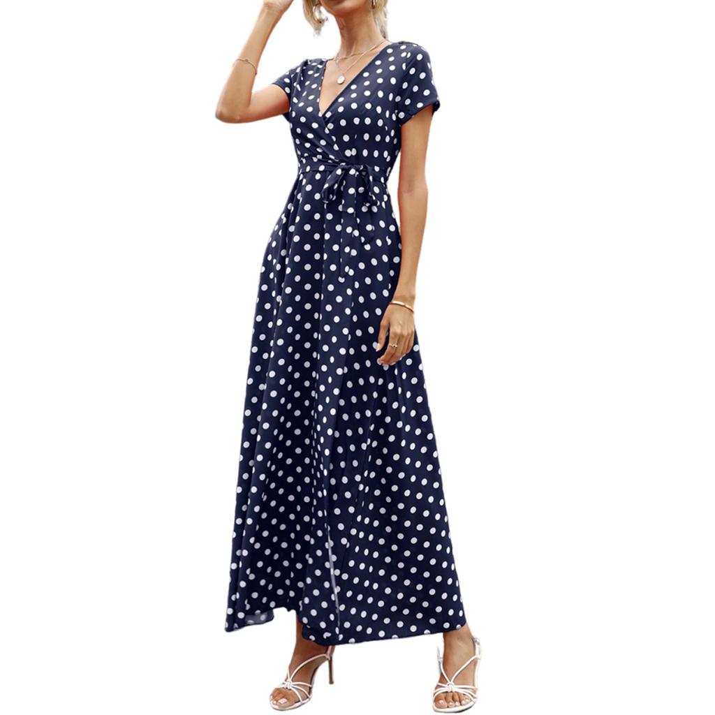 Women's Dresses Casual Elegant Waisted Polka Dot Split V-Neck Short Sleeve Dresses