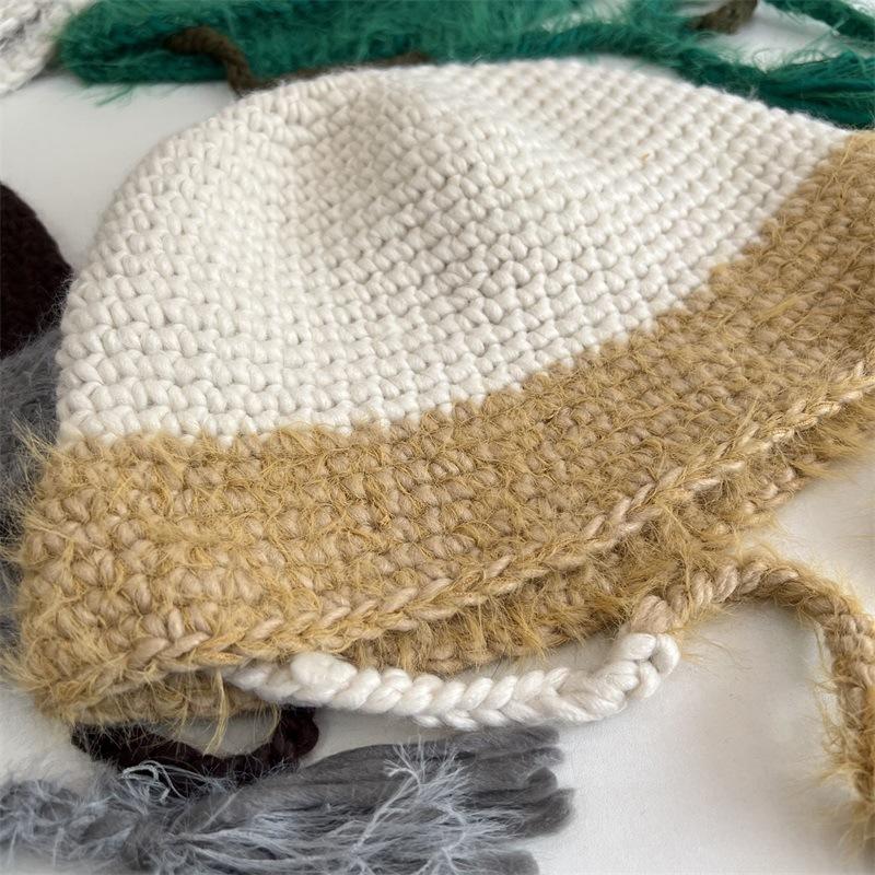 Winter women's color matching straps cute travel warm knitted hat imitation rabbit fur fashion wool hat