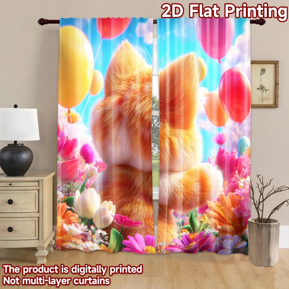 2D flat printing 2pcs Party Curtains Cute Cat Flower Field Easter Digital Printed Polyester Drapes Seasonal Party & Holiday