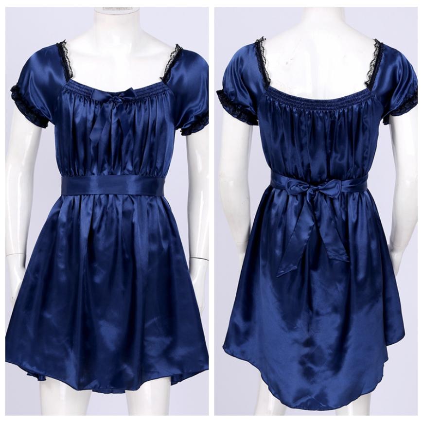 Mens Short Sleeve Square Neckline Shiny Soft Satin High Low Design Crossdress Lingerie Dress with Sash Nightwear Underwear