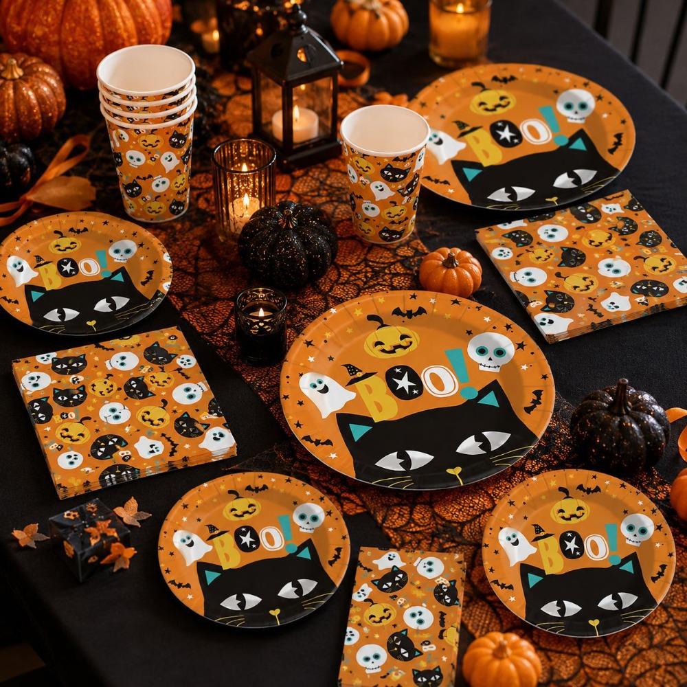 Pumpkin Pattern Disposable Plate Cup Set Decorative Disposable Utensils Set Home
