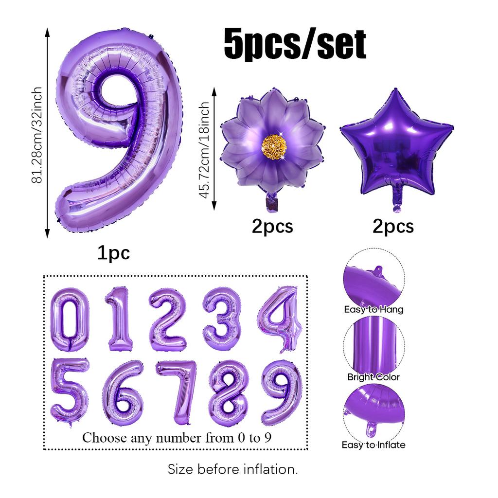 5pcs Purple Number Foil Balloon Set for Birthday Parties, Anniversaries, Holiday Celebrations, Party Decorations,