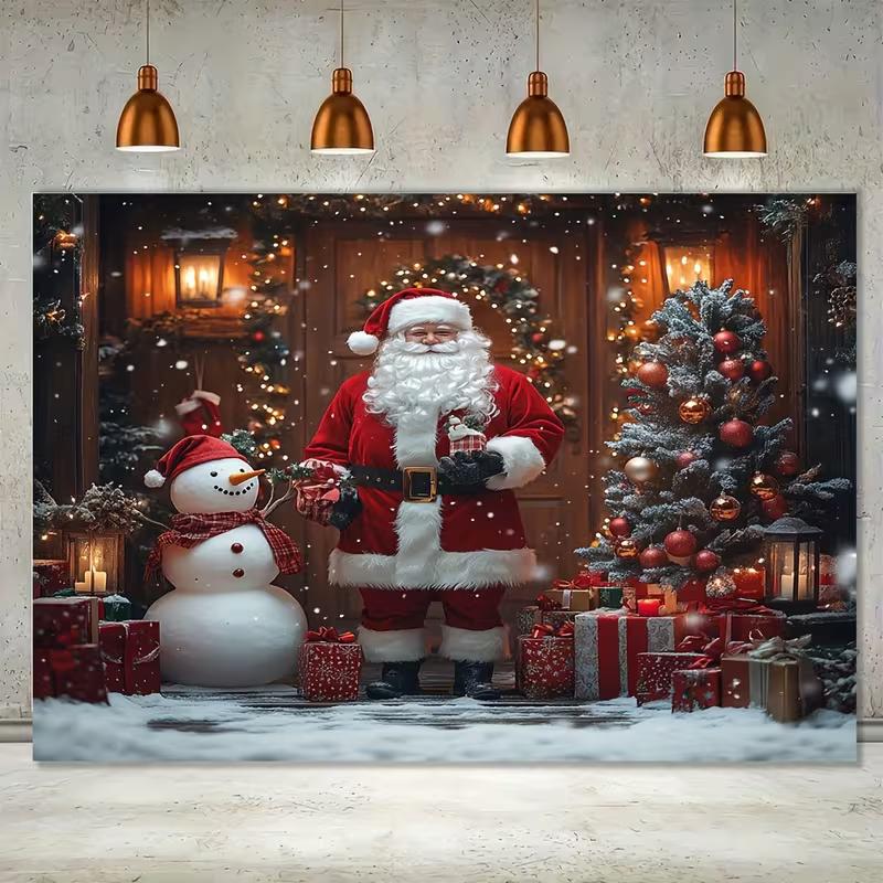 2D Weihnachts-Weihnachtsmann & Schneemann Kulisse Weihnachtsbaum Geschenk Fotografie Hintergrund
