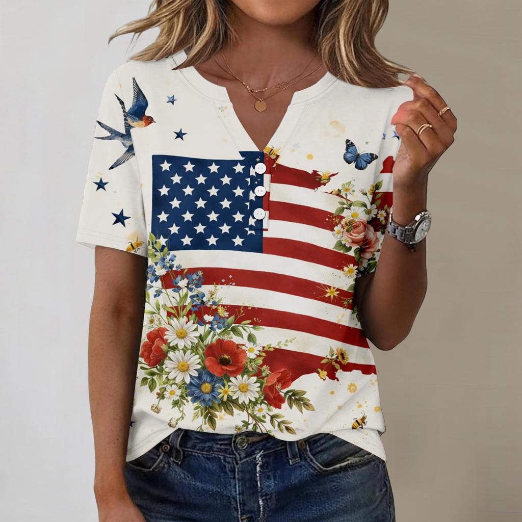 Women's fashionable casual short-sleeved Independence Day print V-neck top