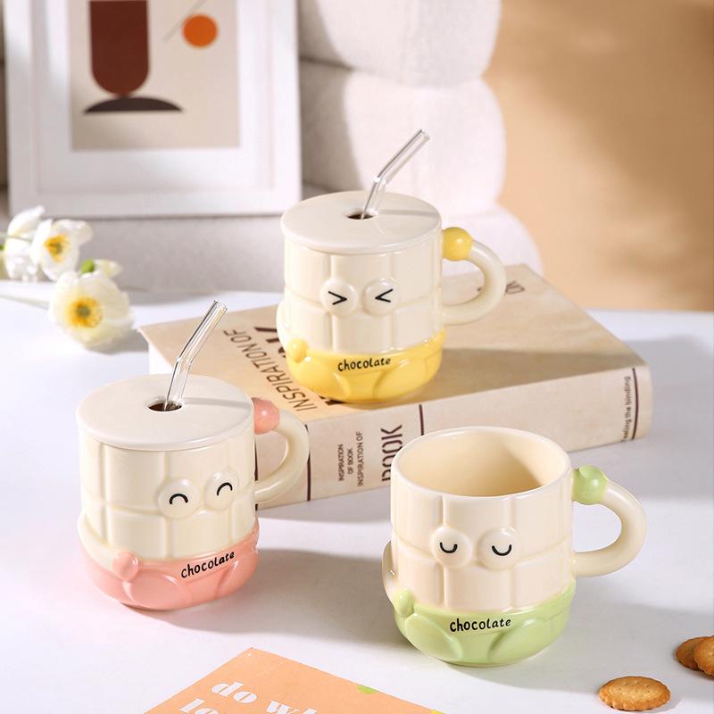 Smiley-Gesicht mit Deckel Niedliches Smiley-Gesicht Trinkbecher Cartoon-Stil Set Keramiktasse Partnerbecher Hitzebeständiger Becher Tasse Geschenk
