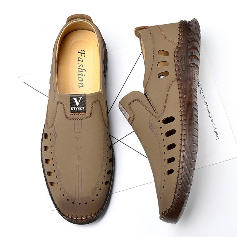 Summer leather sandals, men's hole leather shoes, toe openwork, elderly dads, breathable casual men's shoes