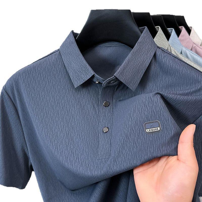 Bark Pattern Jacquard Mulberry Silk Seamless Men'S Short-Sleeved T-Shirt Summer Lapel Polo Shirt Half-Sleeved Ice Silk Casual