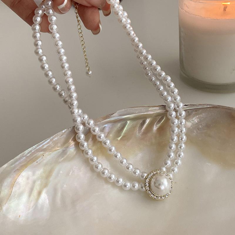 Two-layers Pearl Chokers for Women Luxury Crystal in Middle Double-layers Imitation Pearl Beads Wedding Neck Jewelry collar