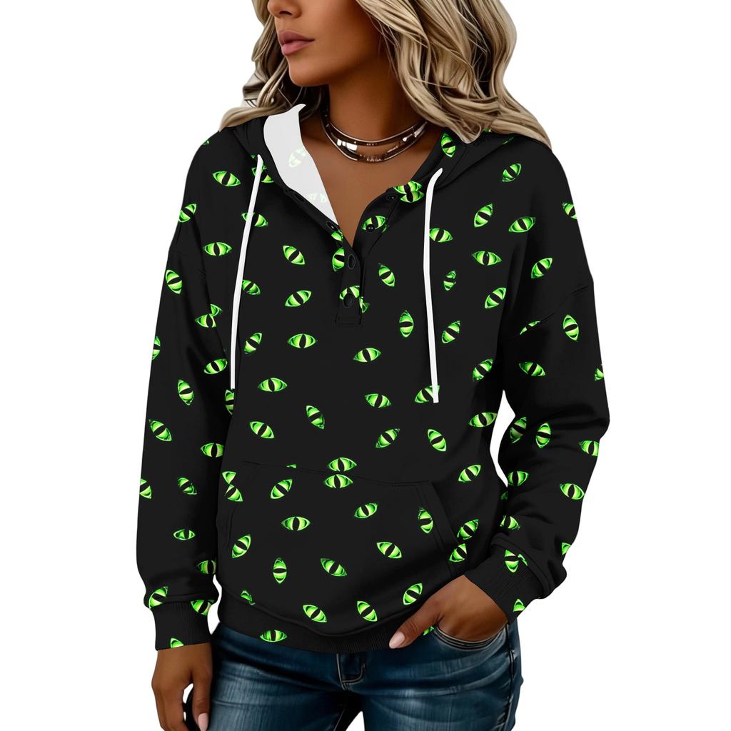 Women's Fashion Hooded Button Front Halloween Print Sweatshirt