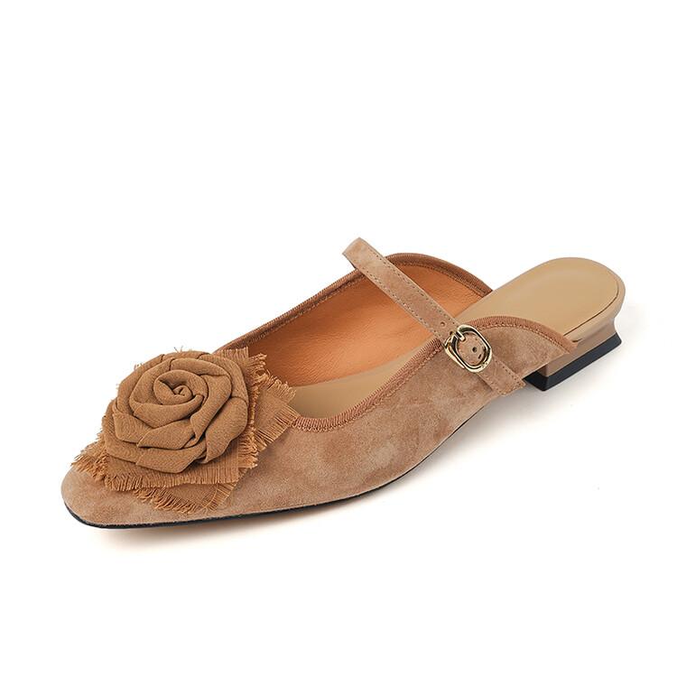 Fashion NEW Summer Women Mules Sheep Suede Leather Shoes for Women Square Toe Low Heel Slippers Cover Toe Slingback Flower Green Sandals