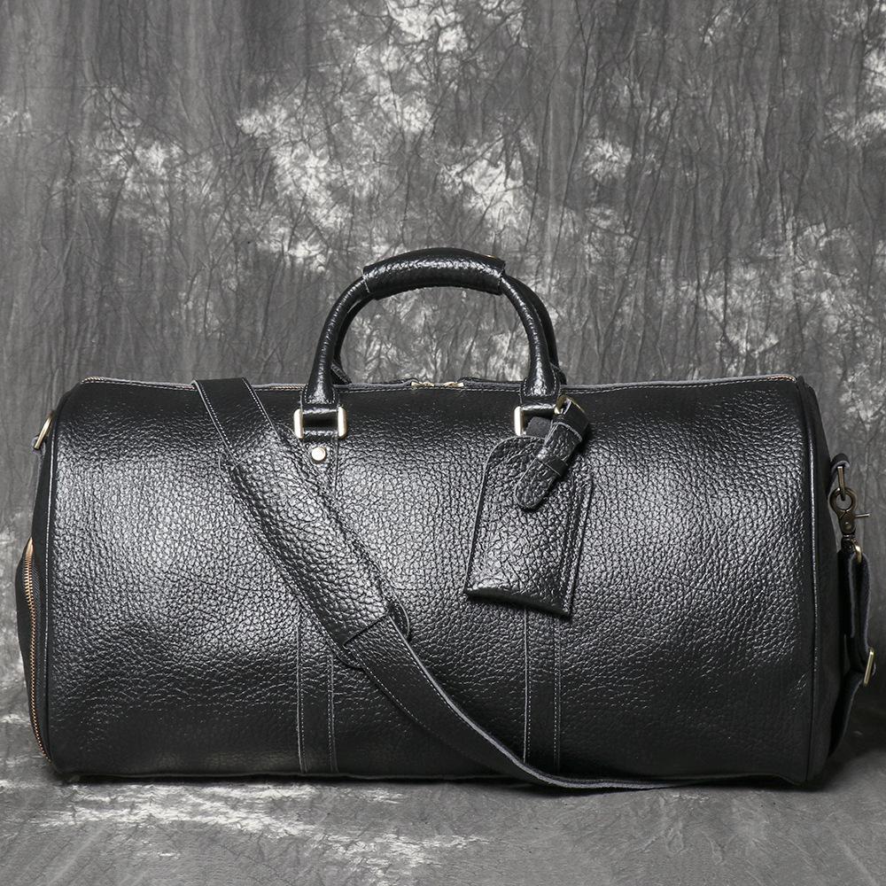 Men S Genuine Leather Hand-Held Travel Bag, Bison Leather Business Trip Luggage Bag With Shoe Position, Fitness Bag.