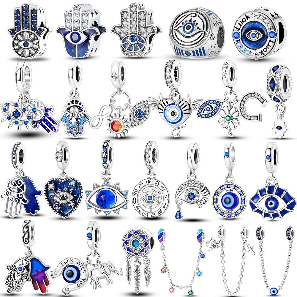 Fits Genuine Bracelets Copper Blue Series DevilS Eye Palm Pendants Charm Beads Plata For Women DoItYourself Gifts