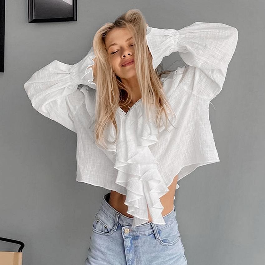 French V-neck ruffle top 1116 spring and summer inner cover pure cotton lace women's shirt design sense