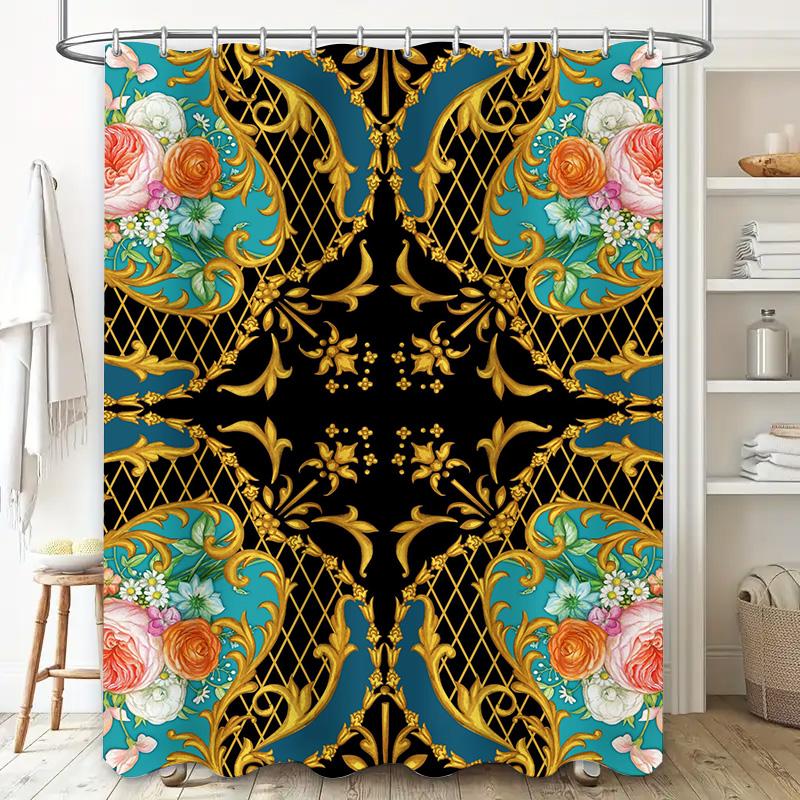 Vintage Baroque Floral Printed Shower Curtain for Bathroom Decor Black Background with Gold Trim.