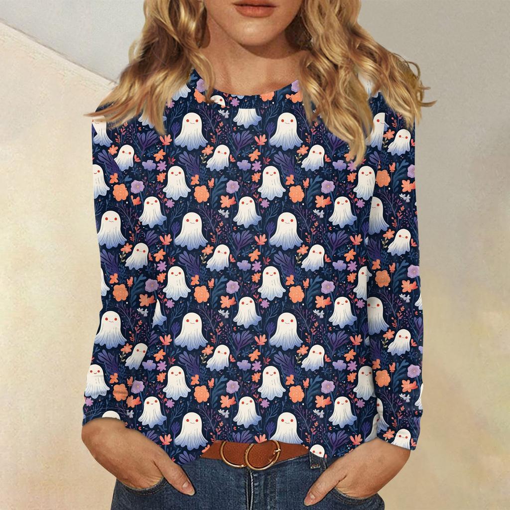 Langarmshirts Für Damen Niedliche Halloween-Print Grafik-T-Shirts Blusen Lässig Große Größen Basis-Oberteile Pullover