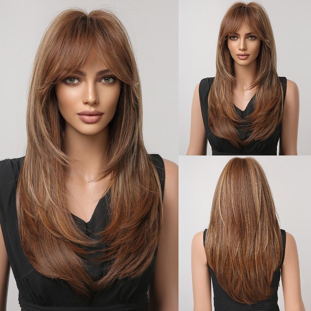 EASIHAIR Dlouhé rovné paruky s ofinou Tmavě hnědá s blond melír Syntetické paruky pro ženy Denní paruky do vlasů Odolné vůči teplu