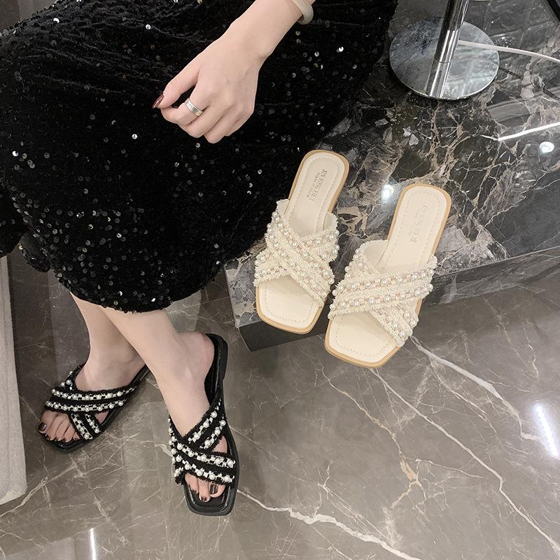 

Large size cross-strapped pearl slippers women s summer wear 2025 spring and summer new flat-bottomed beach seaside sandals 41-43 35 бежевый
