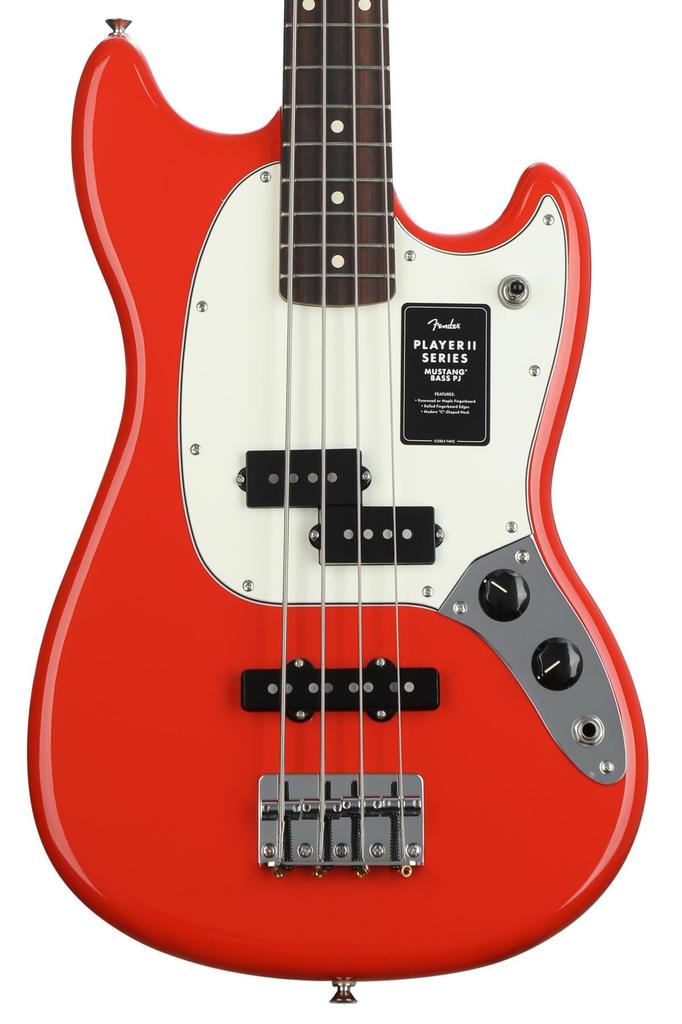 Fender Player II Bass PJ Electric Rosewood Coral with Soft Case Mustang® Short-Scale Bass, Fingerboard, Red,